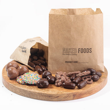 Ultimate Chocolate Lovers Pack (Gift Packs) in round wooden serving board - Naked Foods